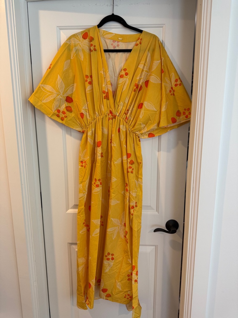 Juan de dios 100% cotton Yellow Floral V-Neck Maxi Dress/beach cover up